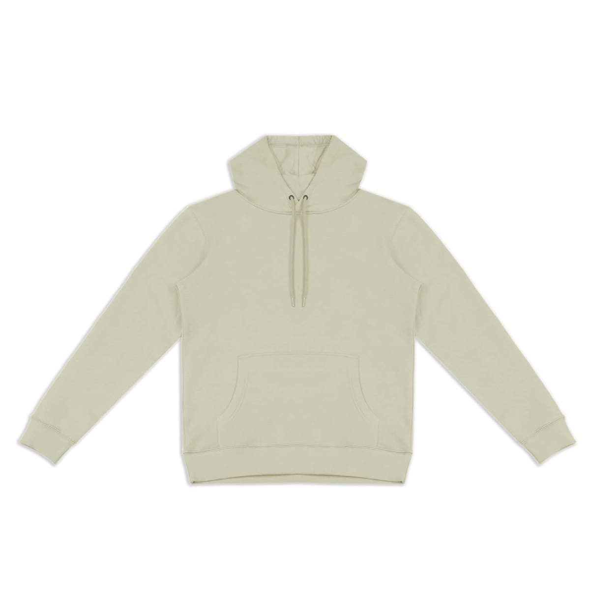 A unisex hoodie in a light beige colour featuring a front pouch pocket and a drawstring hood. It has a logo.